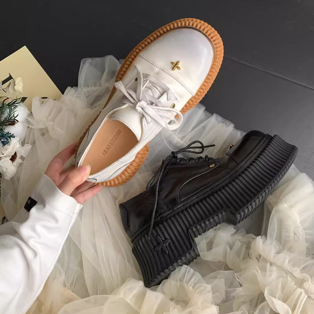 【亲测显腿长】马皮！十字花小皮鞋女小众增高厚底鞋