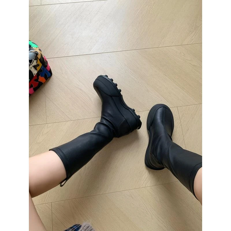 【美靴专家】厚底显瘦弹力靴小个子不过膝秋冬新款增高中筒瘦瘦靴