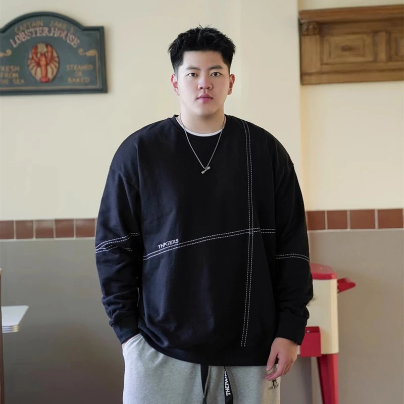 潮牌特大码男装秋冬季新款明线装饰圆领卫衣胖子加肥加大宽松休闲