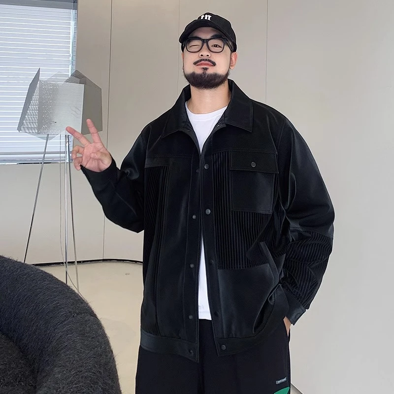 潮牌大码男装胖子加肥加大码宽松翻领夹克秋季新款拼接皮衣外套男