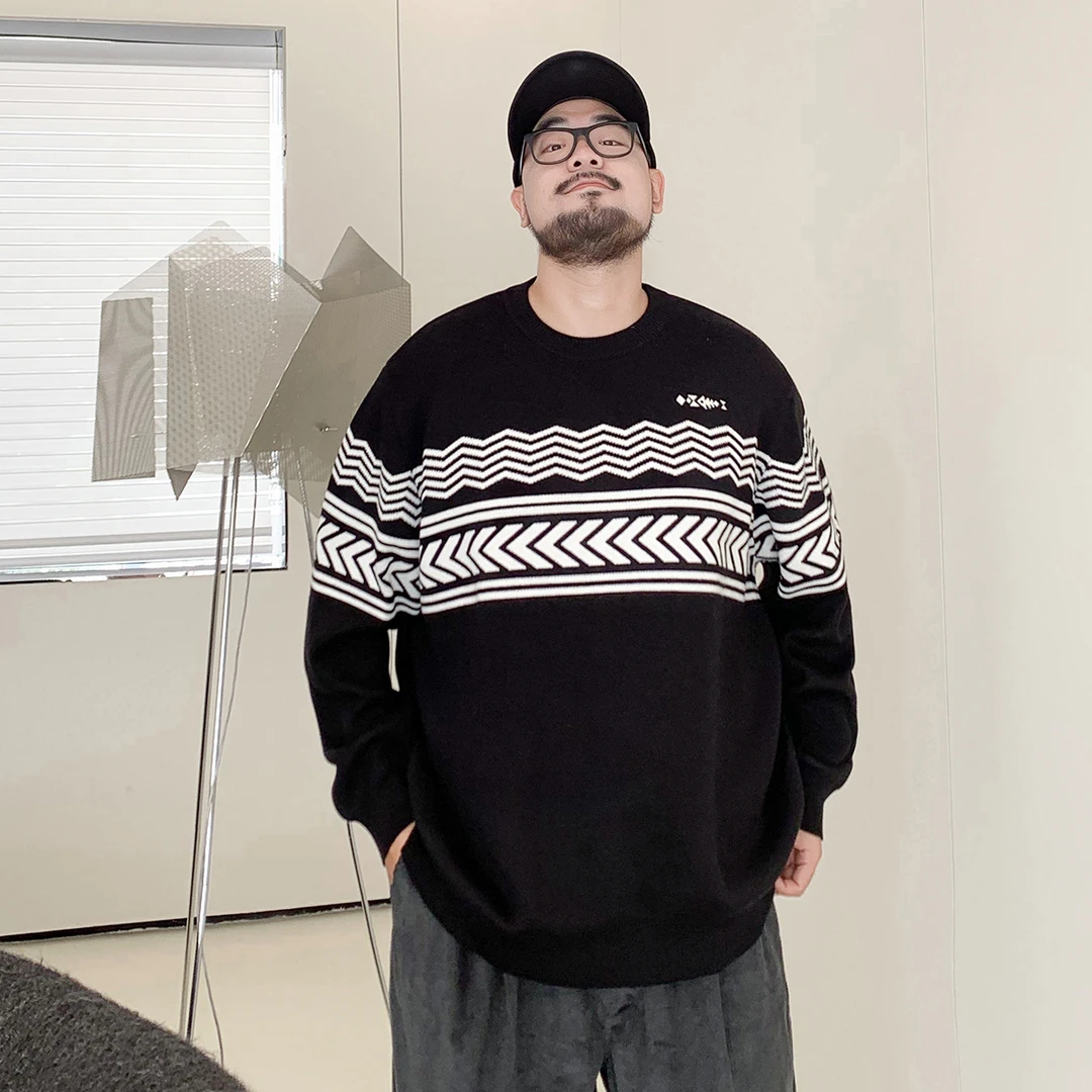 潮牌大码男装2024秋冬季拼接圆领套头毛衣胖子宽松休闲针织衫时尚