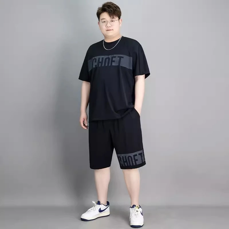 大码冰丝运动套装男夏季薄款冰感T恤短裤两件套男士休闲男装潮牌