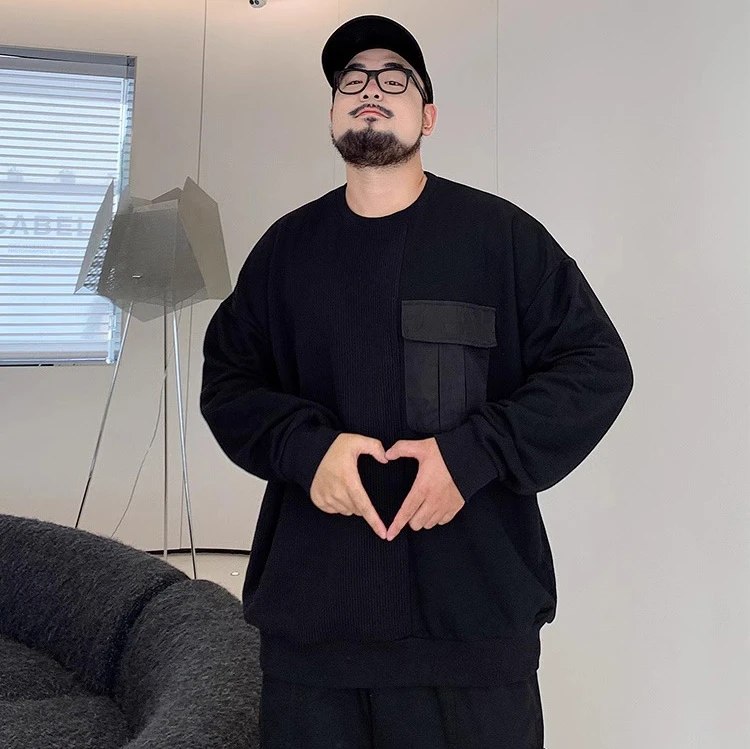 潮牌大码男装春秋织带拼接圆领卫衣胖子加肥加大宽松休闲百搭长袖