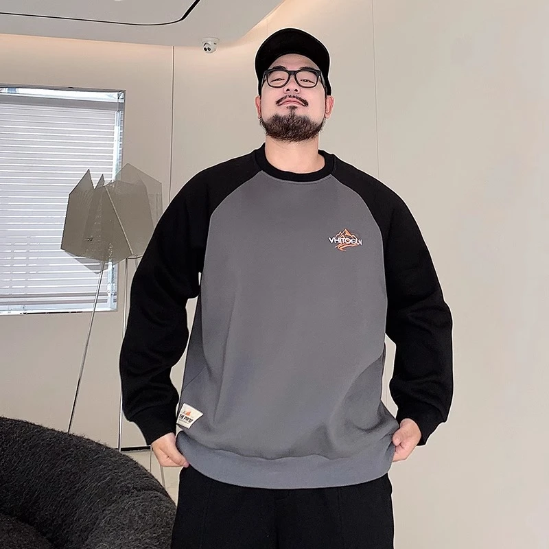 加绒加厚冬季卫衣男士插肩袖拼接胖子宽松大码套头无帽上衣打底衫