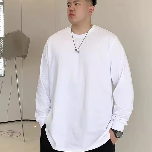 春秋季宽松大码纯色长袖t恤男士胖子加肥加大休闲内搭打底上衣潮