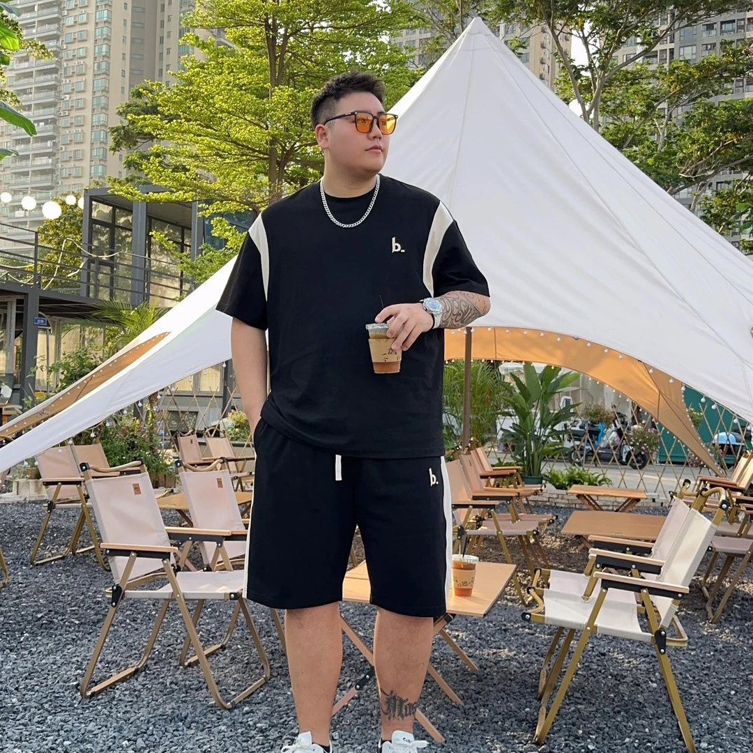 大码短袖短裤套装时尚百搭透气休闲运动套装夏季加肥加大圆领T恤