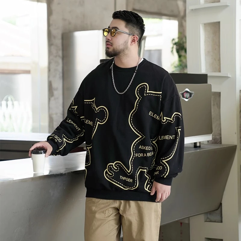 特大码300斤男装胖子加肥加大宽松圆领卡通印花卫衣秋季肥佬上衣