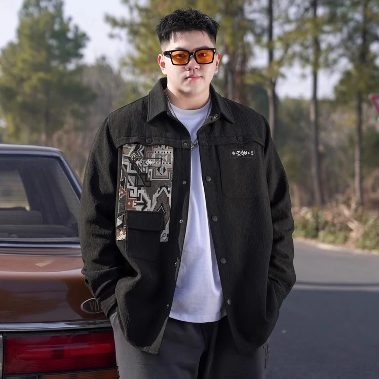 加肥潮牌特大码男装夹克春秋季新款民族风外套胖子宽松休闲衬衫式
