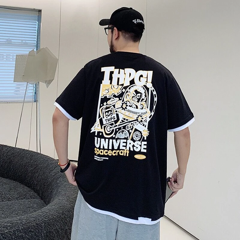 大码男装胖子加肥加大号宽松夏季假两件短袖T恤潮流半袖黑色上衣