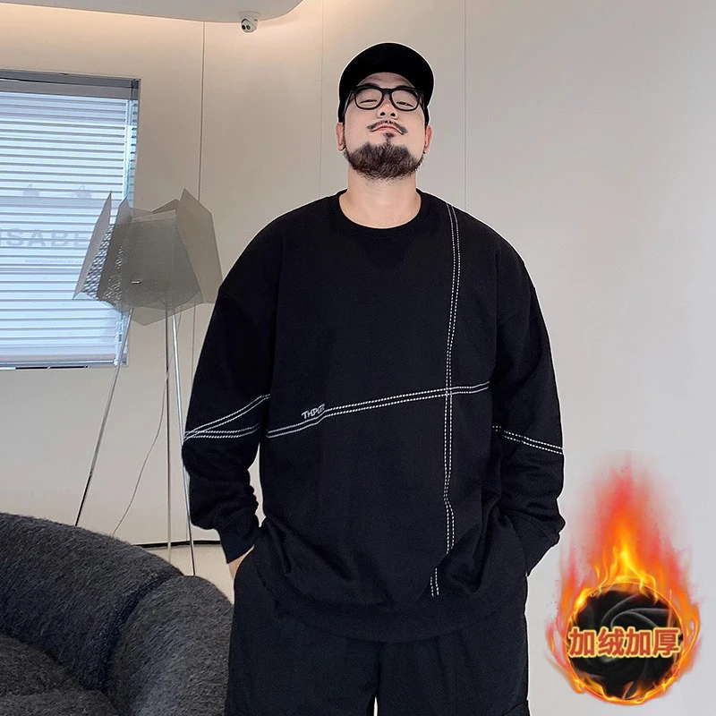 300斤胖胖衣服卫衣男秋冬季加绒加厚刺绣圆领男大码卫衣百搭上衣