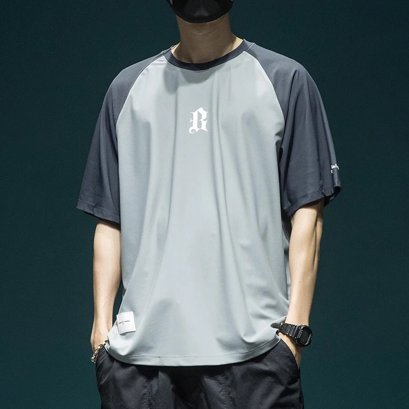 美式凉感短袖T恤男轻薄宽松大码圆领上衣冰感运动百搭半袖体恤潮