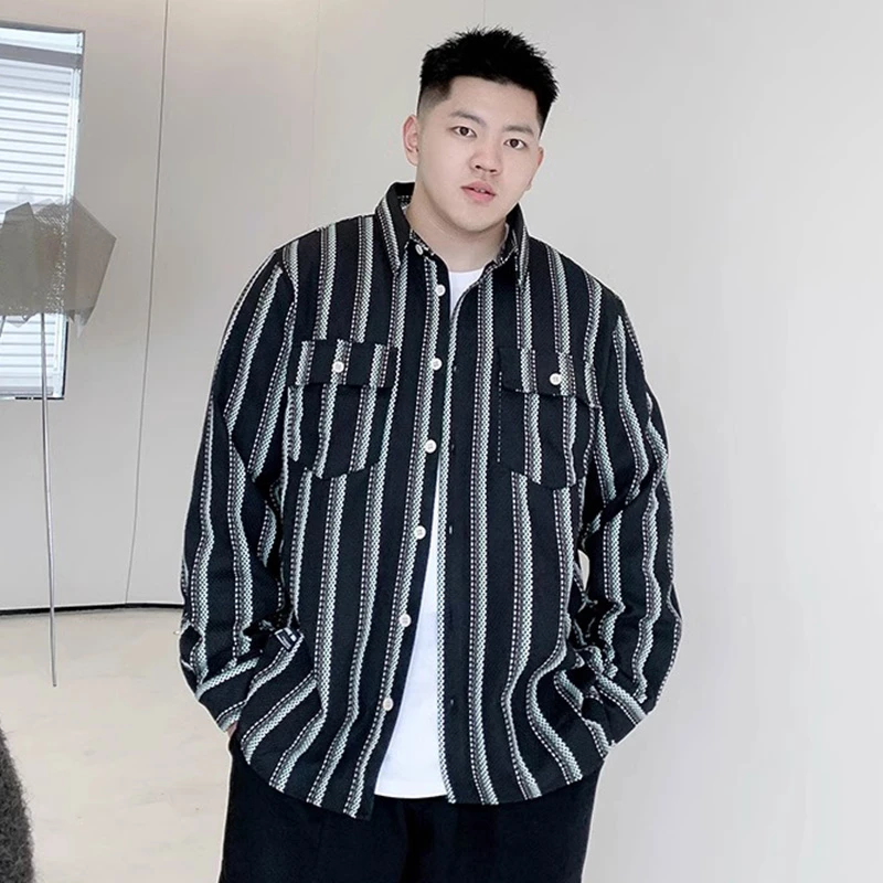 美式高街休闲条纹设计感薄款开衫长袖外套男装宽松大码300斤ins潮