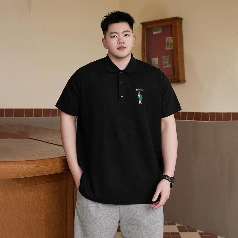 潮牌大码男装夏季胖子宽松加肥加大休闲半袖男卡通绣花polo衫短袖