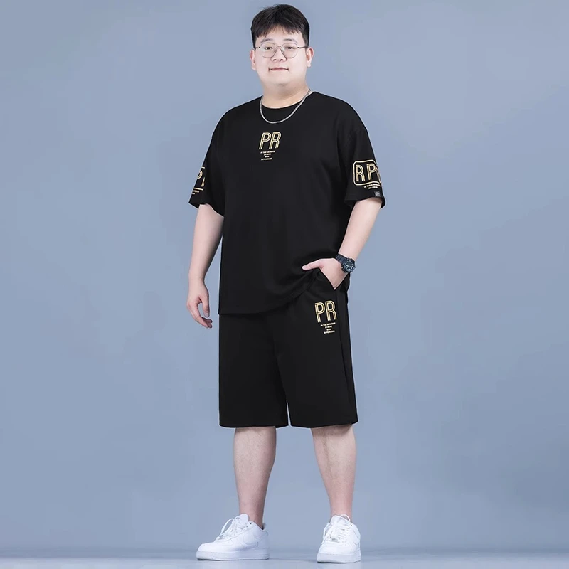 高弹性透气冰丝套装t恤短袖短裤男士大码时尚宽松休闲运动一套装