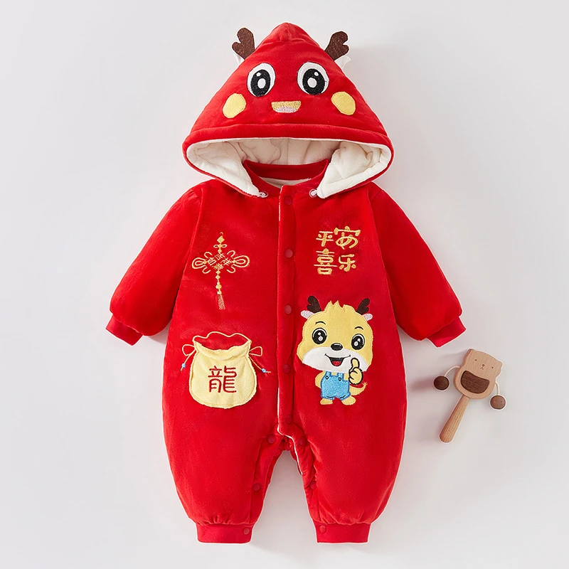 婴儿睡袋加厚冬季新生儿连体衣宝宝爬服婴幼儿加绒保暖外出服连帽