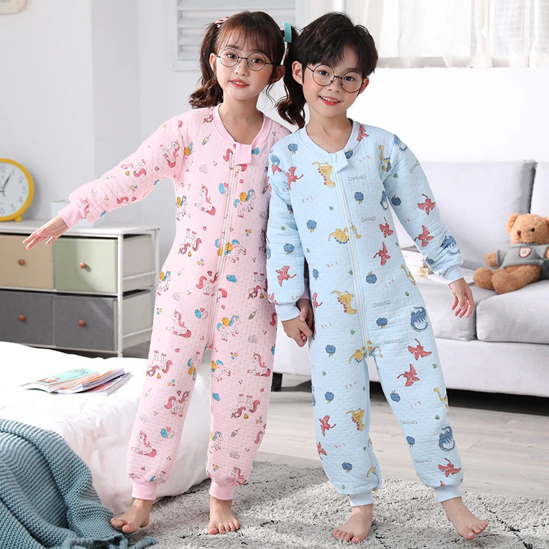 儿童连体睡衣睡袋纯棉秋冬分腿加厚夹棉男童女童中大童防踢被春秋