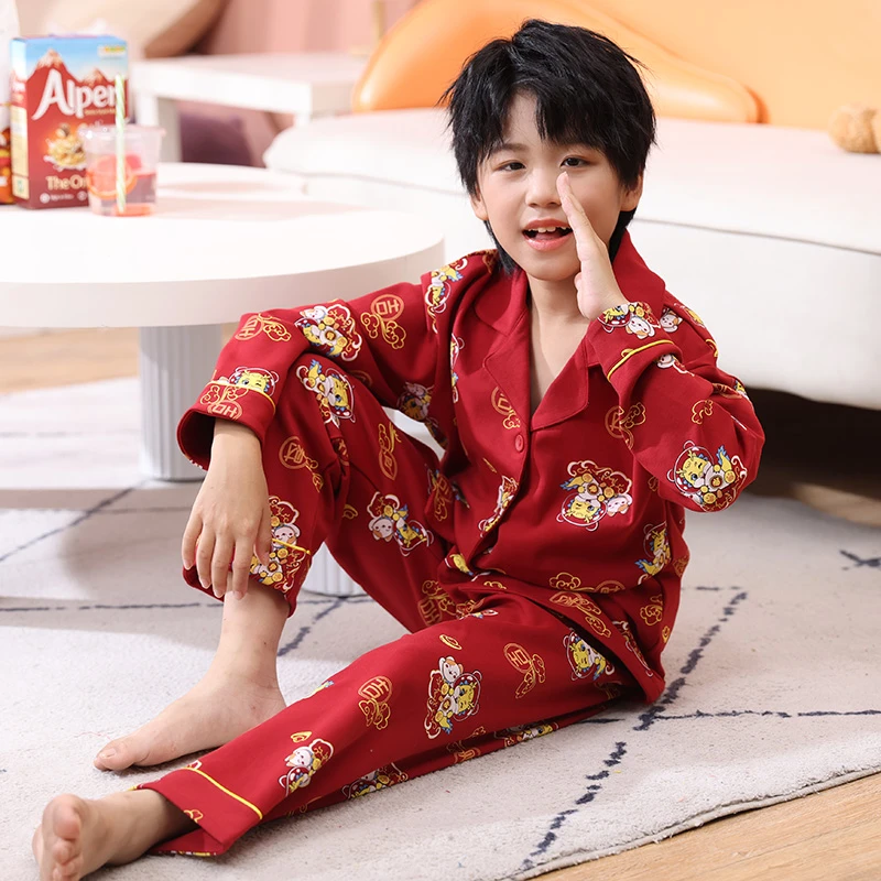 2024新款儿童睡衣春秋纯棉男童女童宝宝长袖红色本命年家居服套装
