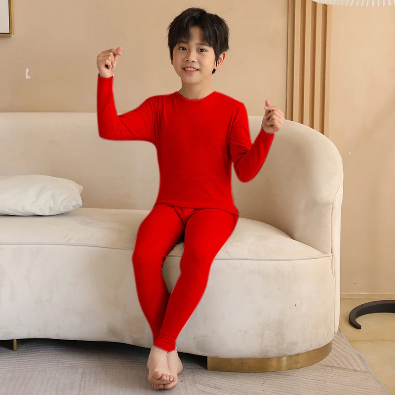 小孩睡衣加绒加厚儿童内衣套装女童男童大童打底保暖德绒红色秋冬