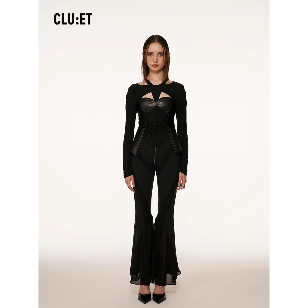 CLUET 秋冬复古针织拼皮解构拼接收腰圆领黑显瘦气质打底长袖上衣