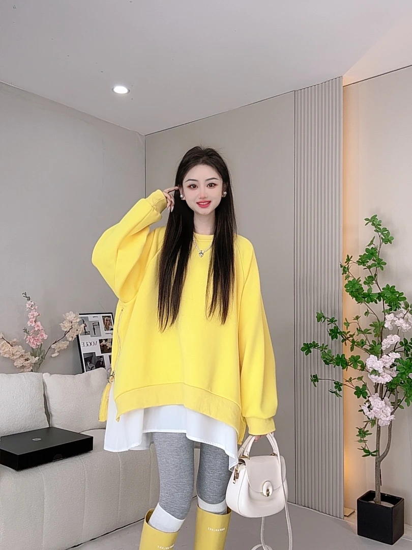 【XCZ】新款简约风加绒设计感拼接内衬休闲宽松时尚春秋冬百搭卫衣1