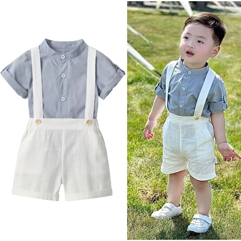 小清新夏季男童绅士套装蓝灰短袖衬衣背带短裤男宝宝周岁生日礼服