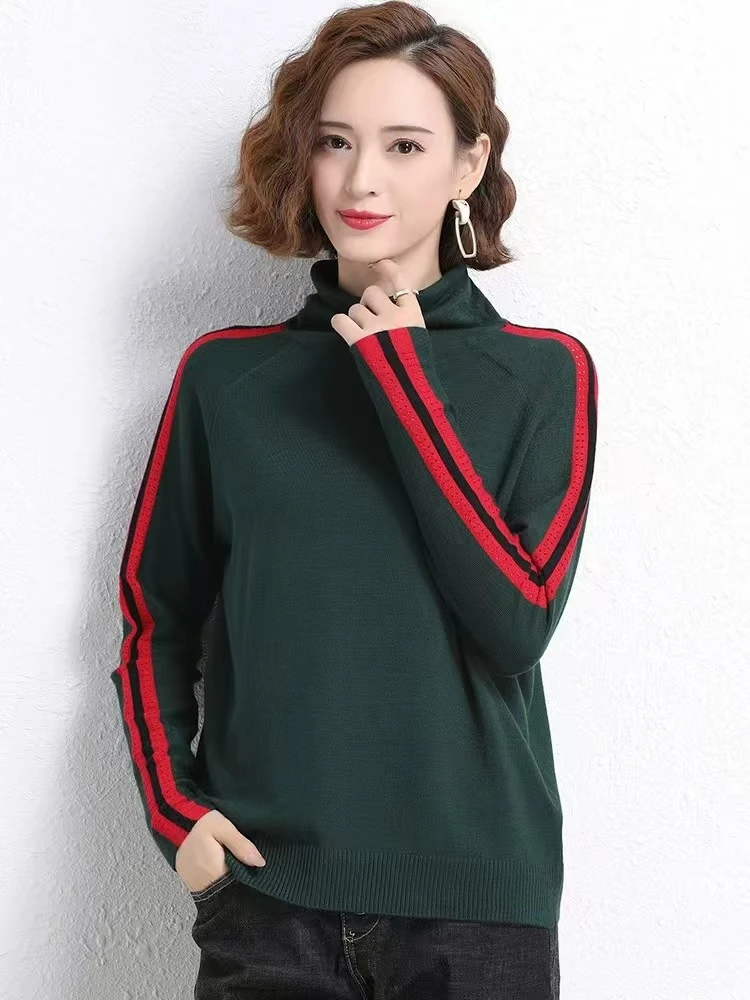 堆堆领彩虹条羊毛衫女士高领毛衣T恤宽松上衣针织打底衫薄款百搭