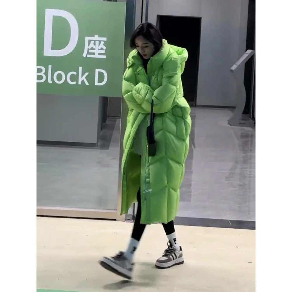巴拉巴拉90白鸭绒过膝长款绿色羽绒服女2023冬装宽松茧型加绒加厚