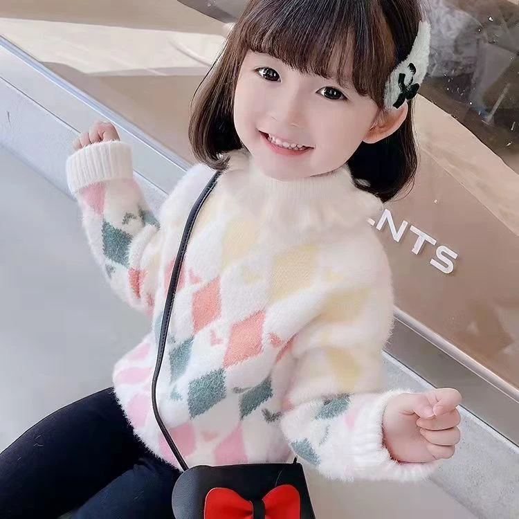 女童毛衣高领加绒加厚水貂绒冬装新款女孩宝宝洋气童装打底针织衫