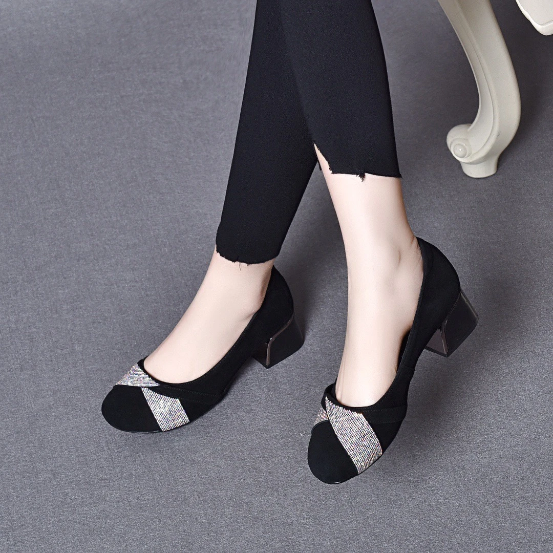 春秋真皮磨砂皮水钻单鞋软底一脚蹬豆豆鞋圆头平底女皮鞋