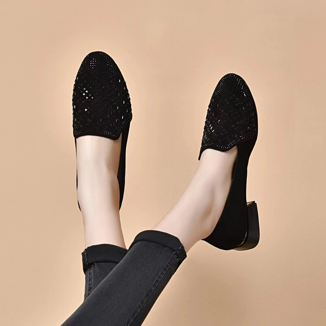 2025春季新款磨砂皮布鞋单鞋一脚蹬女鞋中跟春秋软底粗跟舒适