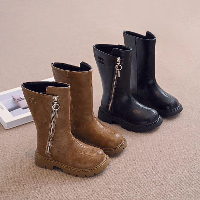 女童英伦风高筒靴简约百搭长筒靴2024冬季新款小女孩韩版骑士靴