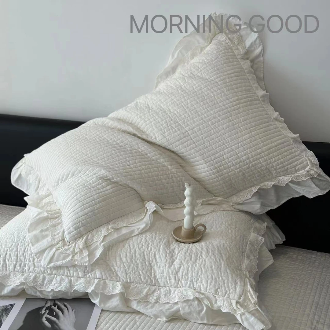 MORNING GOOD 韩国80支砂洗水洗夹棉三件套床盖全棉绗缝双花边款