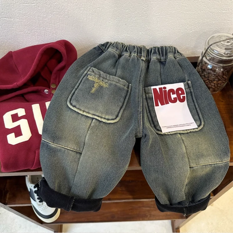 儿童加绒牛仔裤冬季新品男女童韩版贴标休闲裤宝宝加绒长裤潮