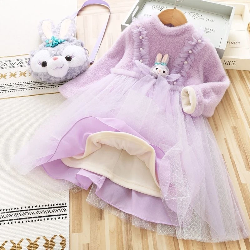 女童连衣裙秋冬加绒加厚洋气一体绒儿童星黛露卡通毛绒公主裙