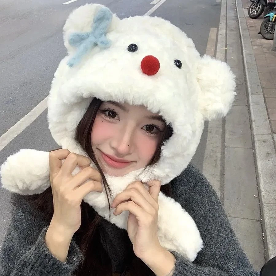 蝴蝶结小熊加厚雷锋帽秋冬帽子围脖一体护耳帽可爱套头帽保暖yjyj