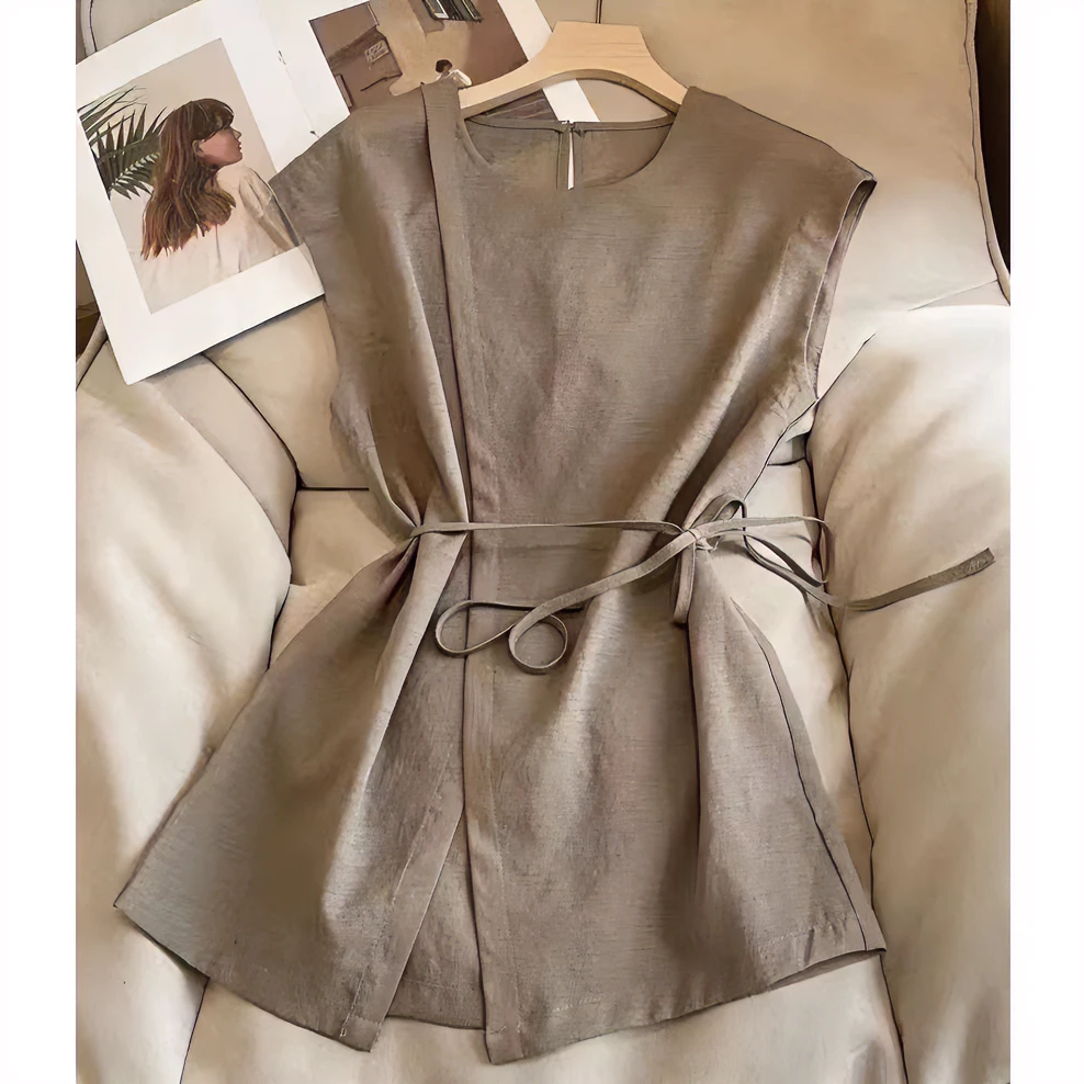 网红开叉圆领衬衫女夏季无袖上衣女夏季外穿高级感轻熟上衣51859