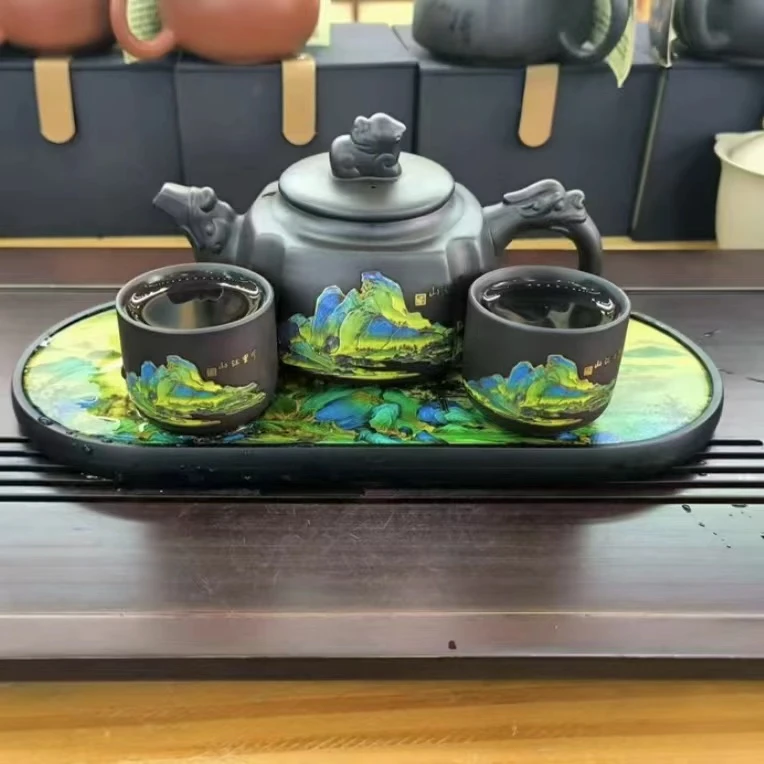 原矿紫砂四方千里江山一壶两杯加茶盘