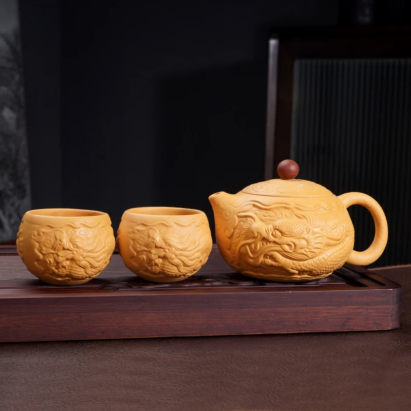 原矿紫砂黄金段泥满雕龙西施一壶两杯