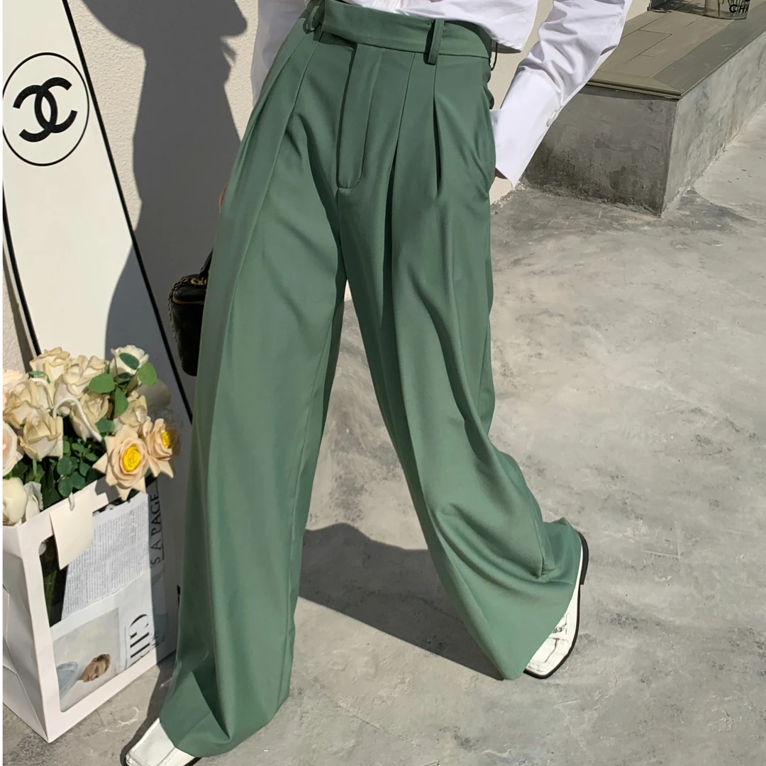 西装阔腿裤高腰直筒休闲绿色阔腿垂感