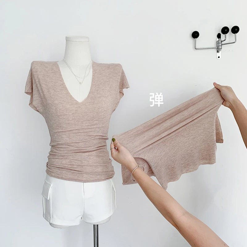 CHEISLY  健身韩感tee基础时尚半袖简约v领薄款毛边修身短袖T恤