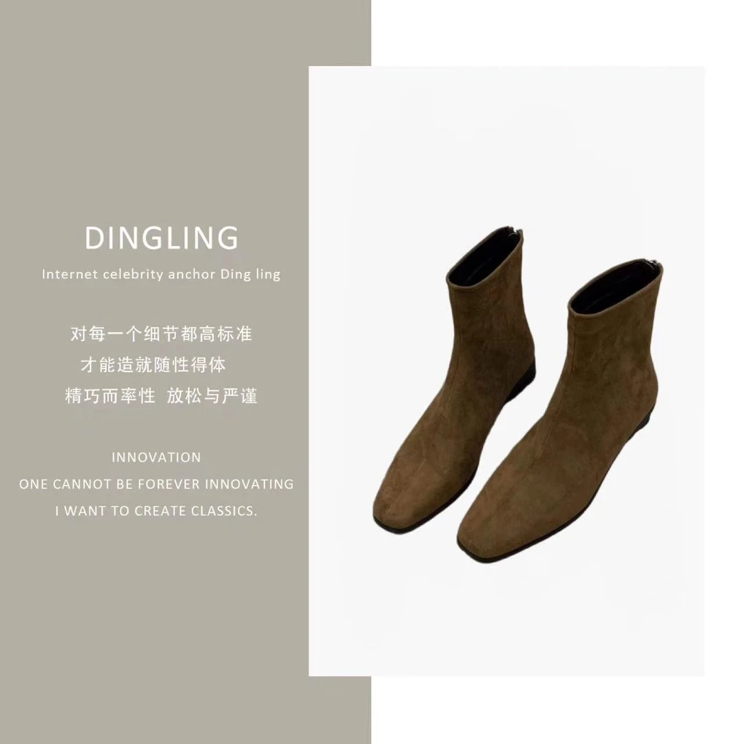 【四季青丁玲轻奢】粗跟绒面韩系小踝靴女鞋秋冬季加绒马丁靴瘦瘦靴