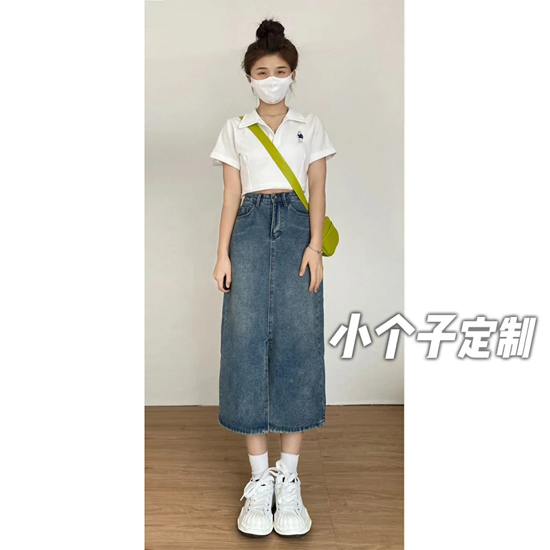 145小矮个子复古牛仔半身裙女夏季高腰a字包臀开叉xs码显瘦中长款