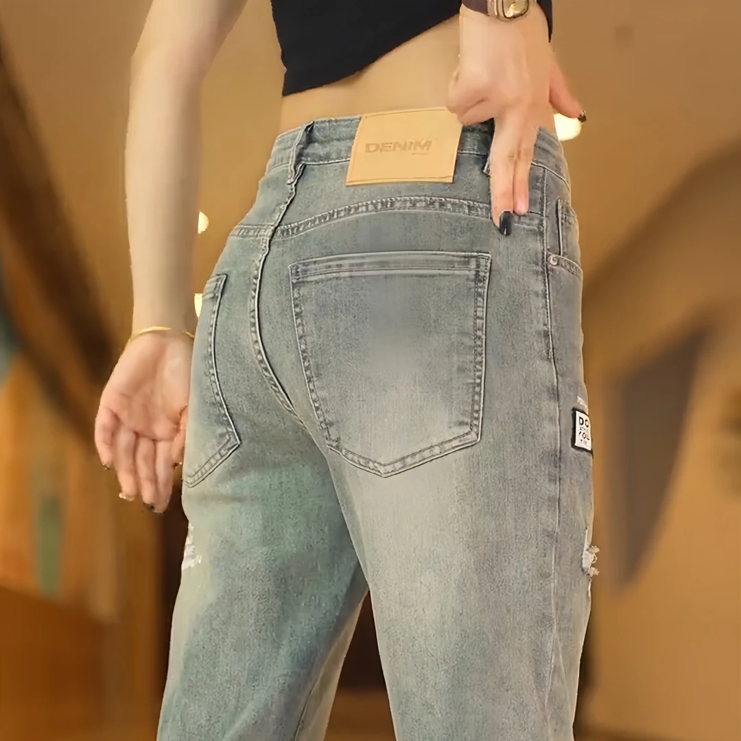 夏季薄弹力破洞九分牛仔裤男士宽松直筒青年韩版复古蓝休闲裤子男