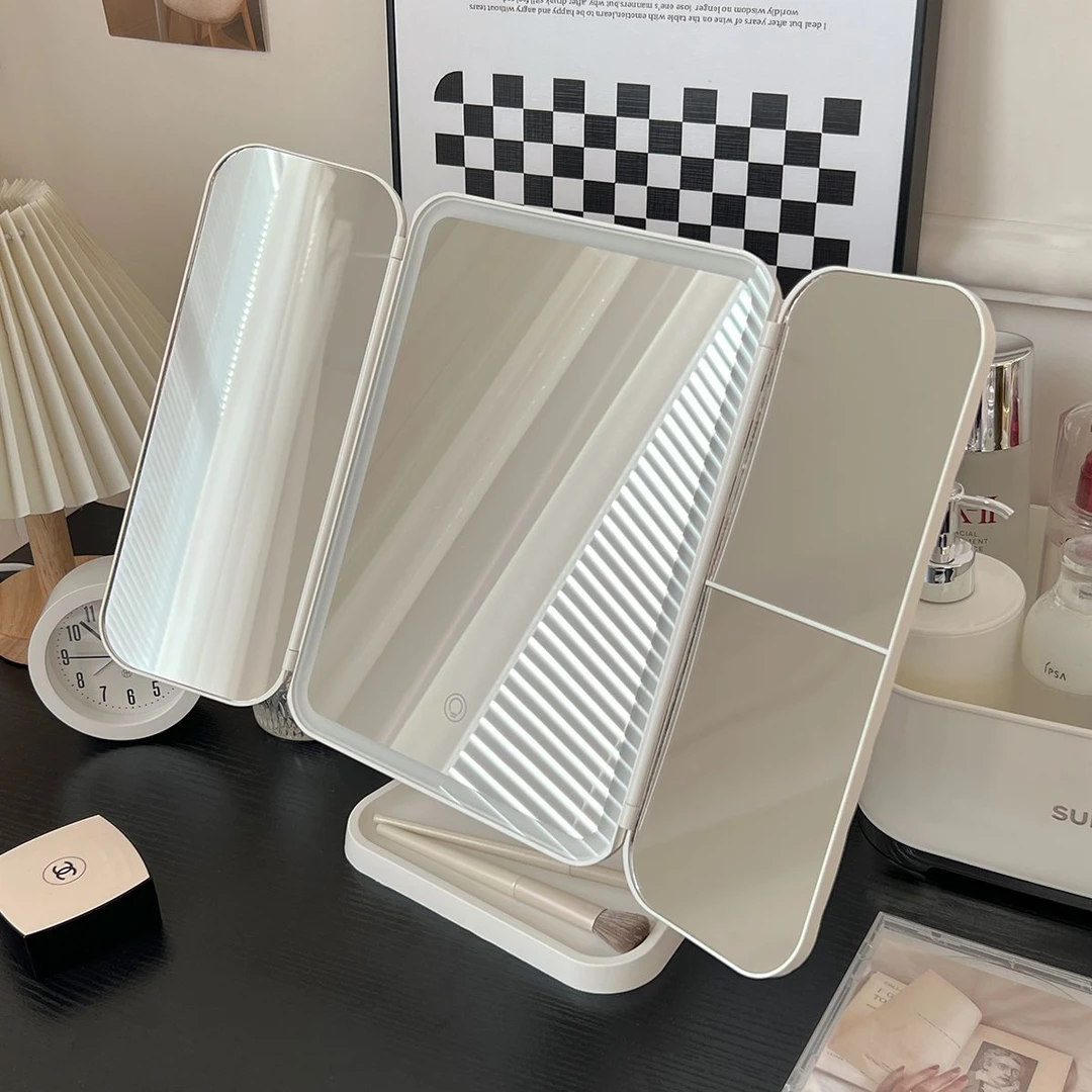 台式led化妆镜带灯收纳盒二合一体贝壳折叠梳妆镜可调节镜子仙女