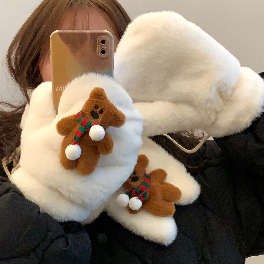 手套学生圣诞小熊秋冬季女保暖韩版围巾卡通网红百搭挂脖手套围脖