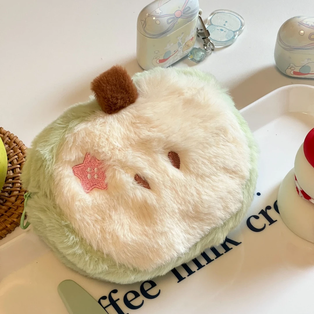 绿苹果卡通毛绒零钱包杂物姨妈巾收纳包耳机包口红钥匙刺绣小卡包