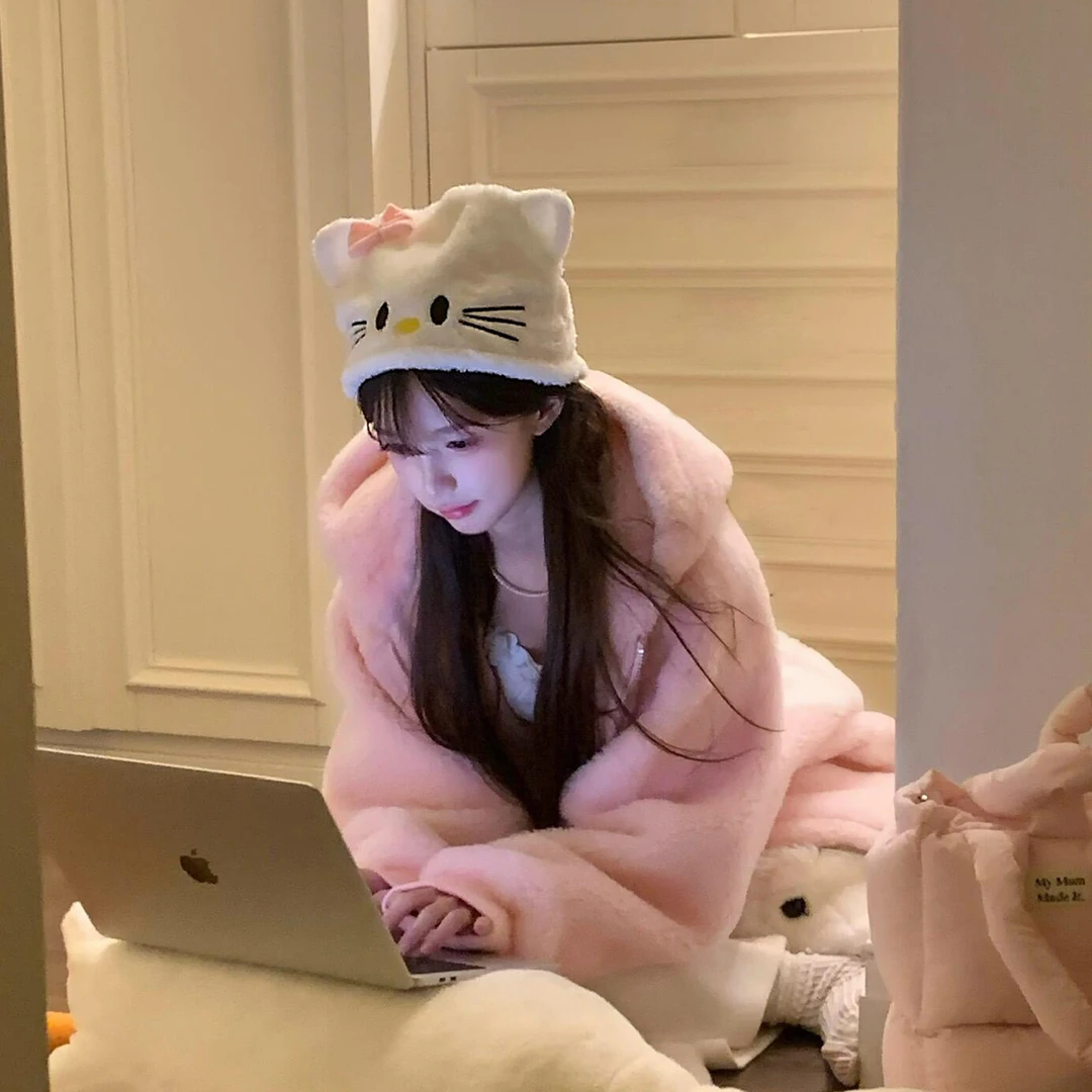 kt小猫毛绒帽子女秋冬可爱卡通保暖包头帽学生kt猫加厚护耳帽子