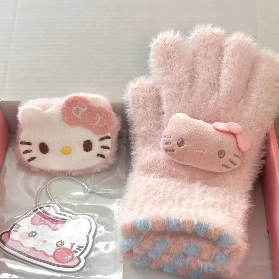 可爱哈喽kt小咪小糖豆针织手套女冬加厚保暖可触屏毛绒分指手套