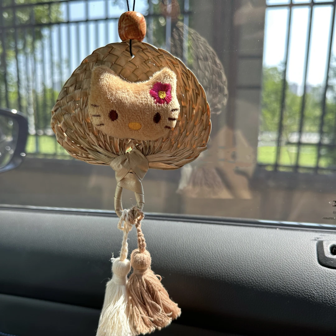 这有一只Hello小猫咪！夏季可爱手工小蒲扇车挂装饰挂件文玩小挂件