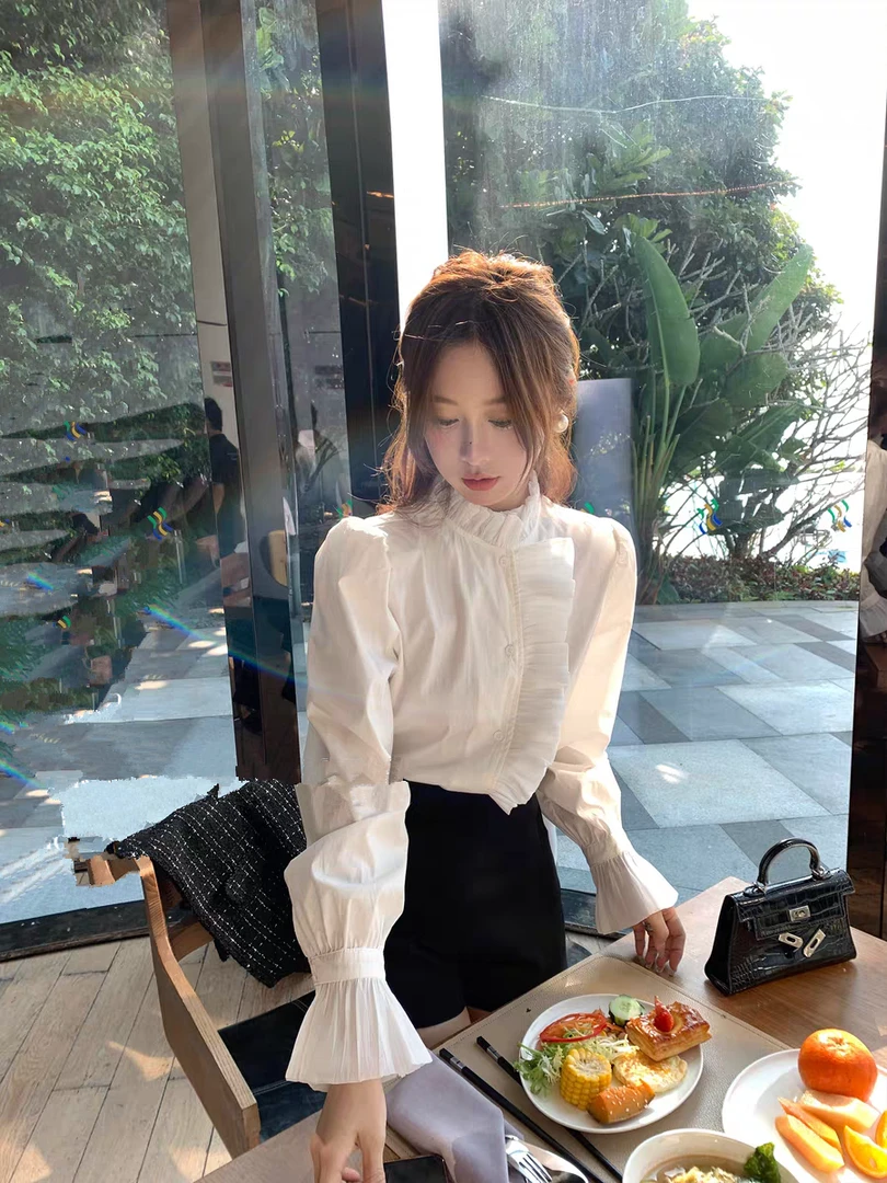 法式名媛宫廷风白色衬衫女春季新款中式气质显瘦小个子长袖上衣